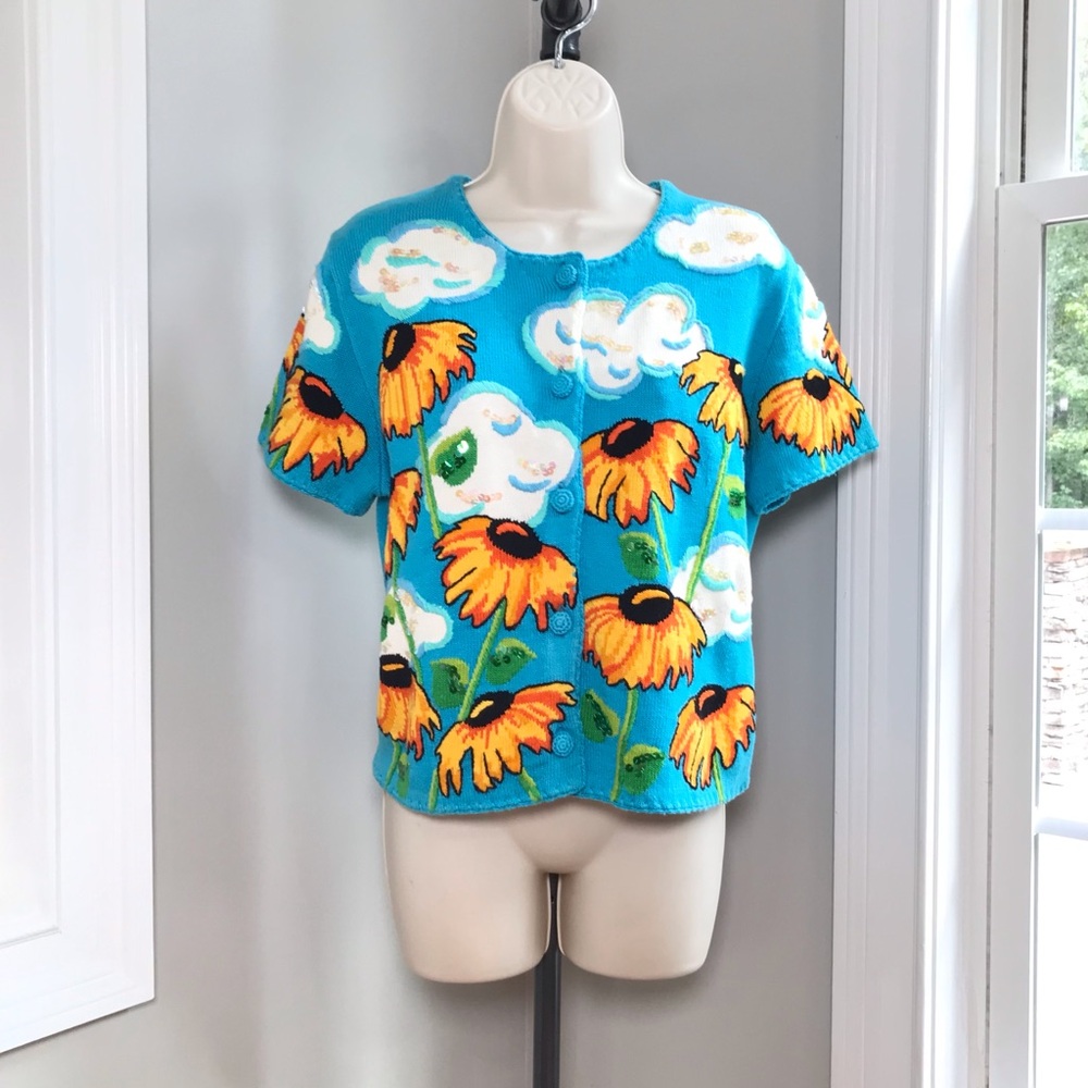 Vintage Michael Simon Sunflowers Clouds Cardigan Sweater ~ Women’s Medium EUC